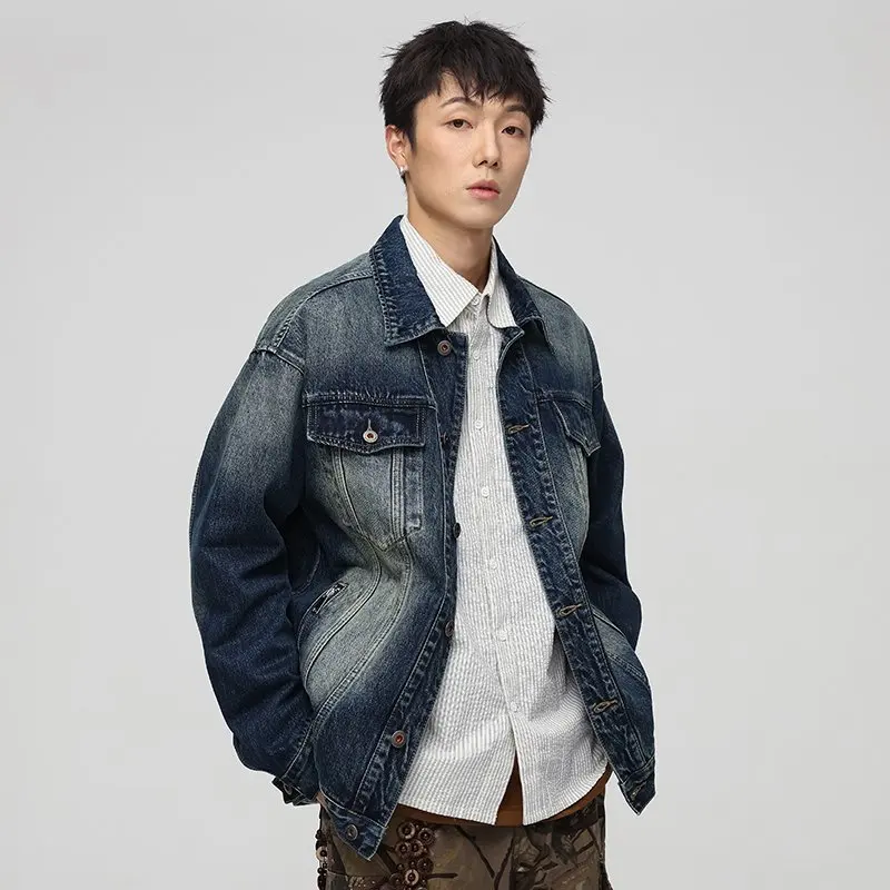 Vintage-Washed-Jeansjacke für Herren, Oversized-Jeansmantel mit Reißverschlusstaschen, Lässige Shacket-Oberbekleidung, Urban Streetwear – Detail 3
