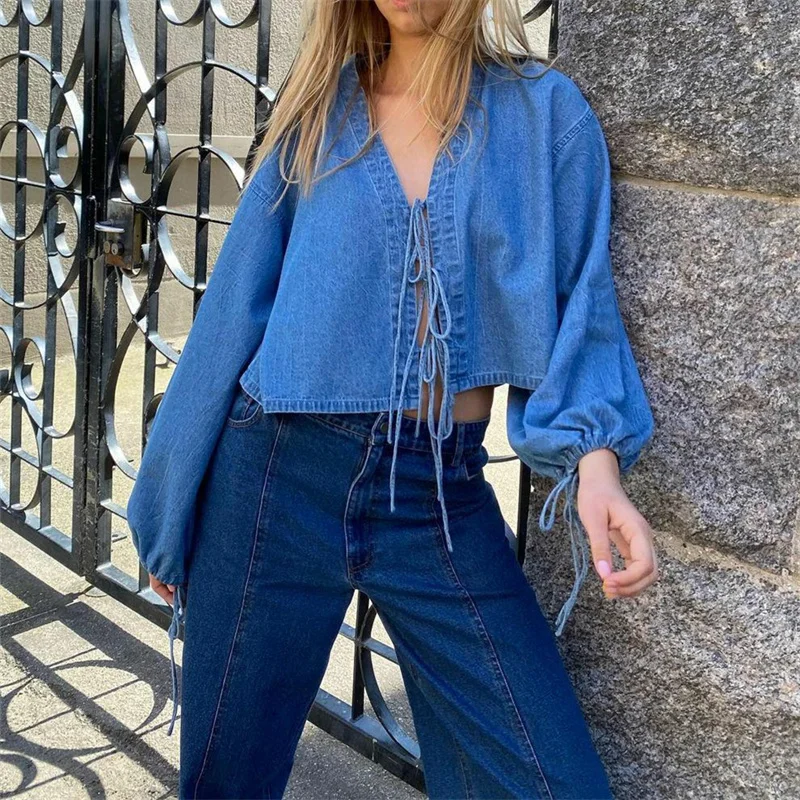 Women's Tie Front Denim Jacket Long Sleeve Casual Loose Fit Tie Bow Jean Coat Lightweight Fall Denim Shirt Outfit Streetwear