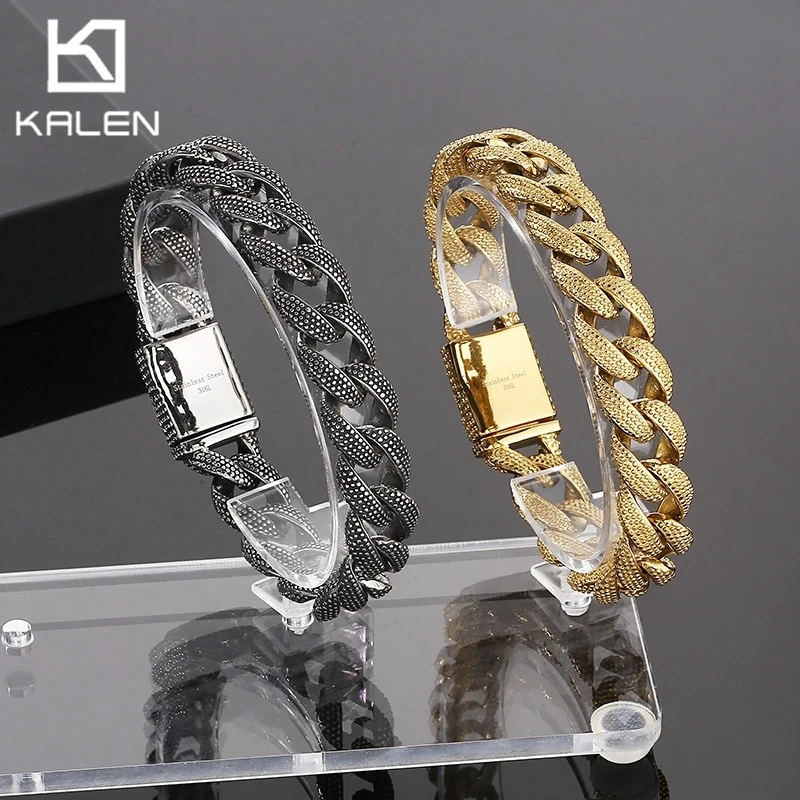 KALEN Vintage Knocking Point Men's Bracelet Punk Stainless Steel Chunky Special Cuban Chain Jewelry Personalized Accessories