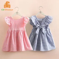 2025 Summer 2 3 4 5 6 7 8 9 10 Years Children College Style Plaid O-Neck Cotton Flying Sleeve Backless Dress For Kids Baby Girls