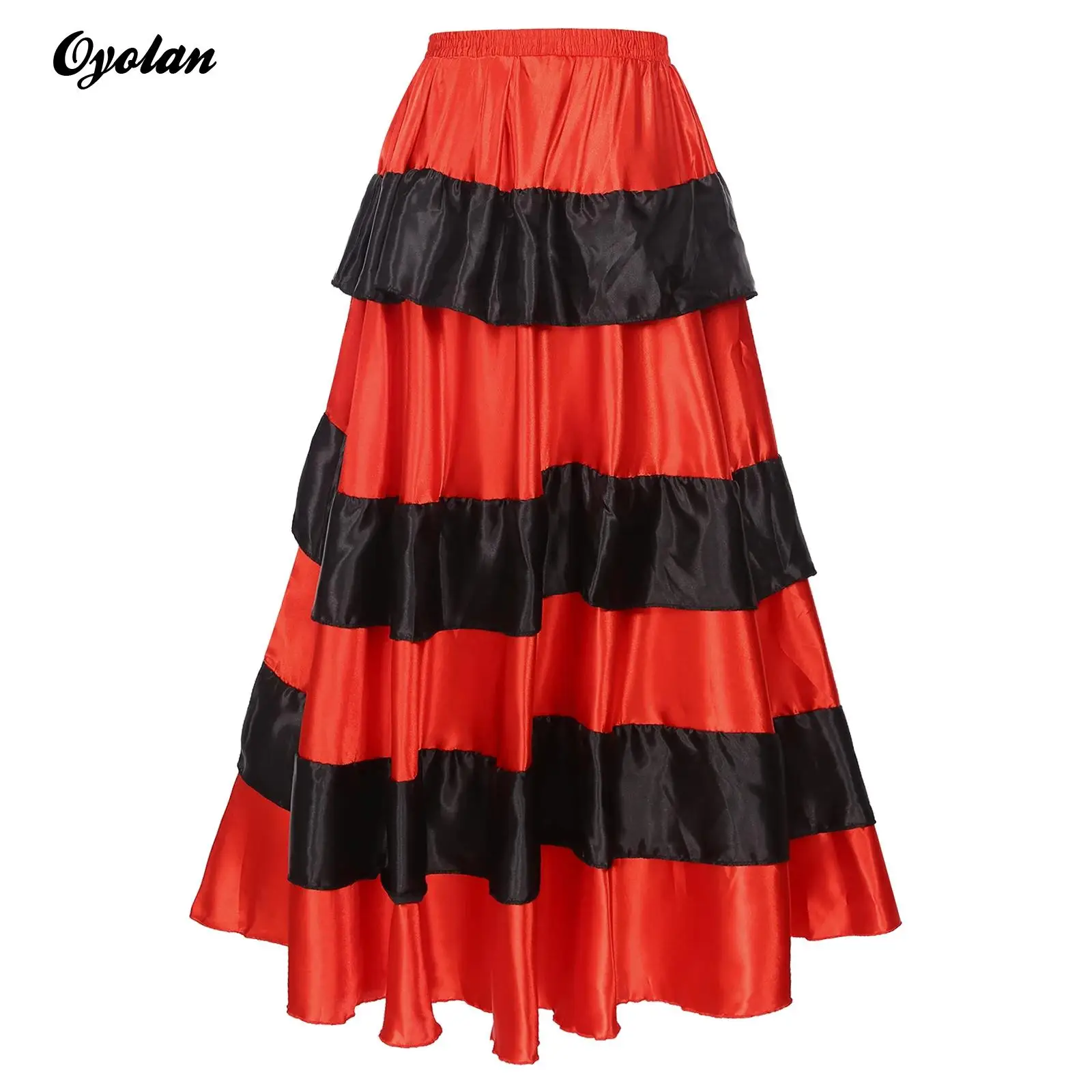 Womens Gypsy Flamenco Big Swing Belly Spanish Dance Skirt Carnival Costume Tiered Ruffles Wide Hemline Ballroom Dancing Skirts