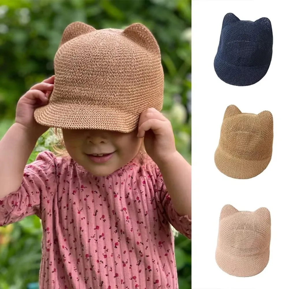 

Cute Cat Ear Baby Straw Hat Hollow Breathable Beach Cap Sunscreen Visors 2-5Year Toddler Children Duck Tongue Hats Spring Summer
