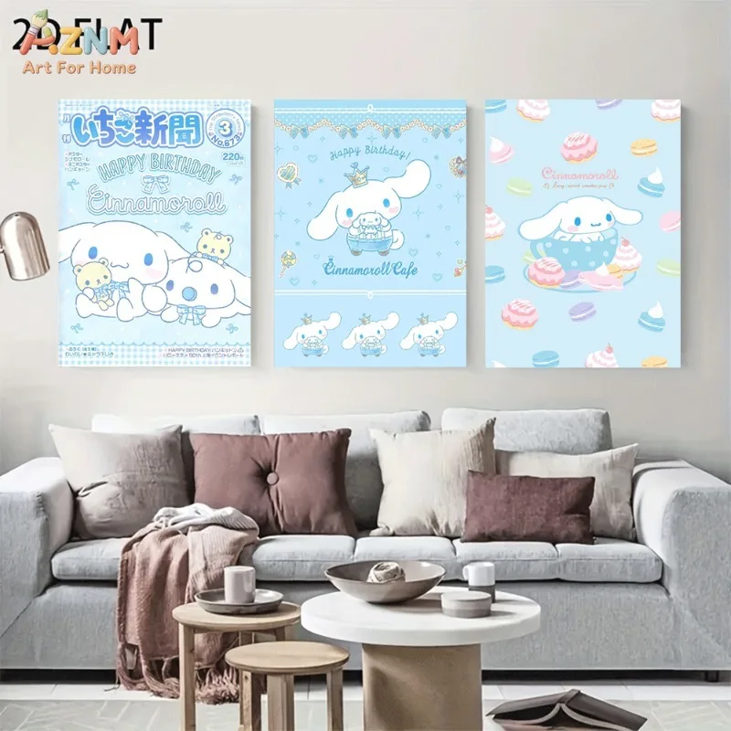 Unframed Cinnamoroll Canvas Wall Art Cute Blue Cartoon Dog Macaron Birthday Poster Girls Bedroom Decor Gift For Sanrio Fans