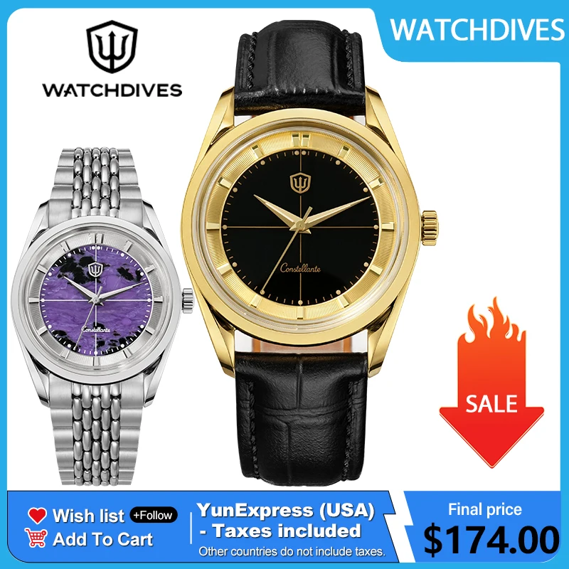 Watchdives Herren-Quarzuhren VH31 Sweep Second Movement Luminova Wasserdicht Luxusmode Gold Lederuhren WD1954