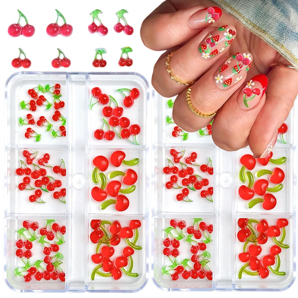 1Box Creative Simulated Resin Cherry Series Nail Charms Kawaii Dark Red Double Cherry Nail Art Decorations DIY Hairpin Nail Sets