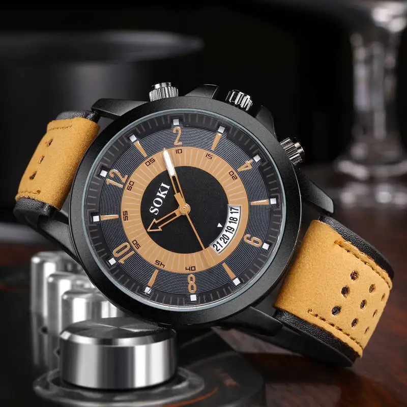 SOKI Sport Men Watch Leather Military Fashion Watches For Men Calendar Date Simple Hot Sales Men's Watch Clock relogio masculino