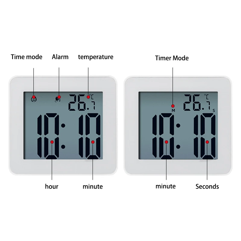 Digital Bathroom Clocks Simple LCD Electronic Alarm Clock Waterproof Shower Watches Temperature Clocks Hanging Timer