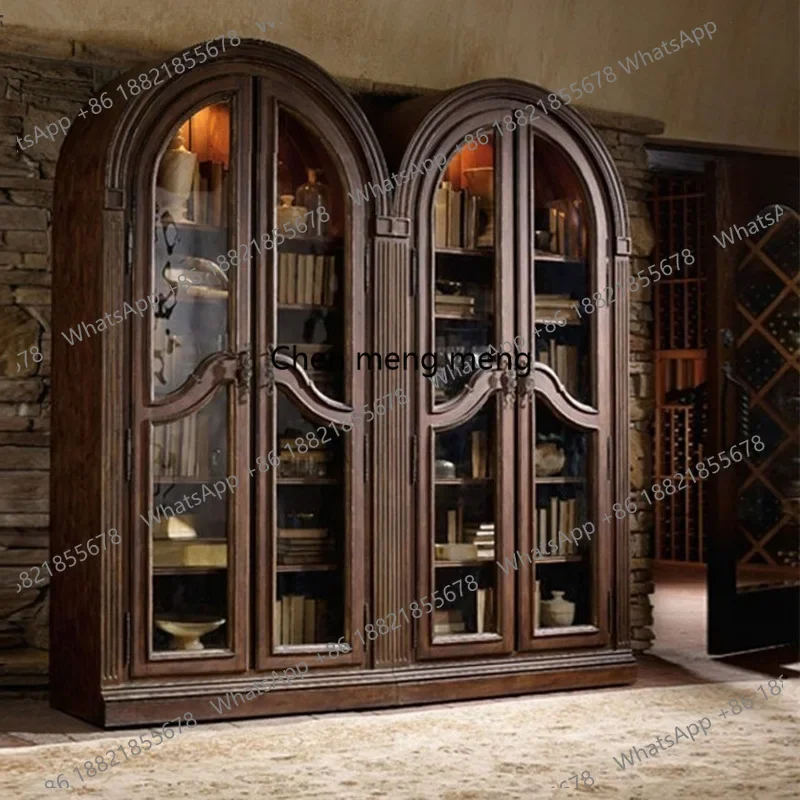 

American Style Solid Wood Bookcase French Retro Living Room Display Dining Room Display Double Door Sideboard Wine Cabinet