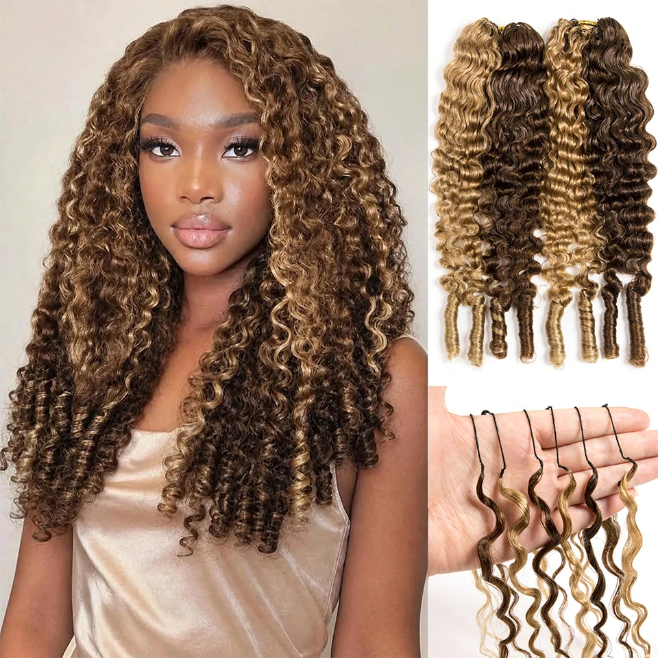 Highlight P4/27 Honey Brown Miracle Knots Feather Crochet Human Hair Pre-Separated Burmese Curly Human Hair Extensions Lightweight Reusable Invisible Knots Burmese Curly Crochet Hair Bundles Remy Virgin Hair Extensions For Women Daily Use Kpop Hairstyles