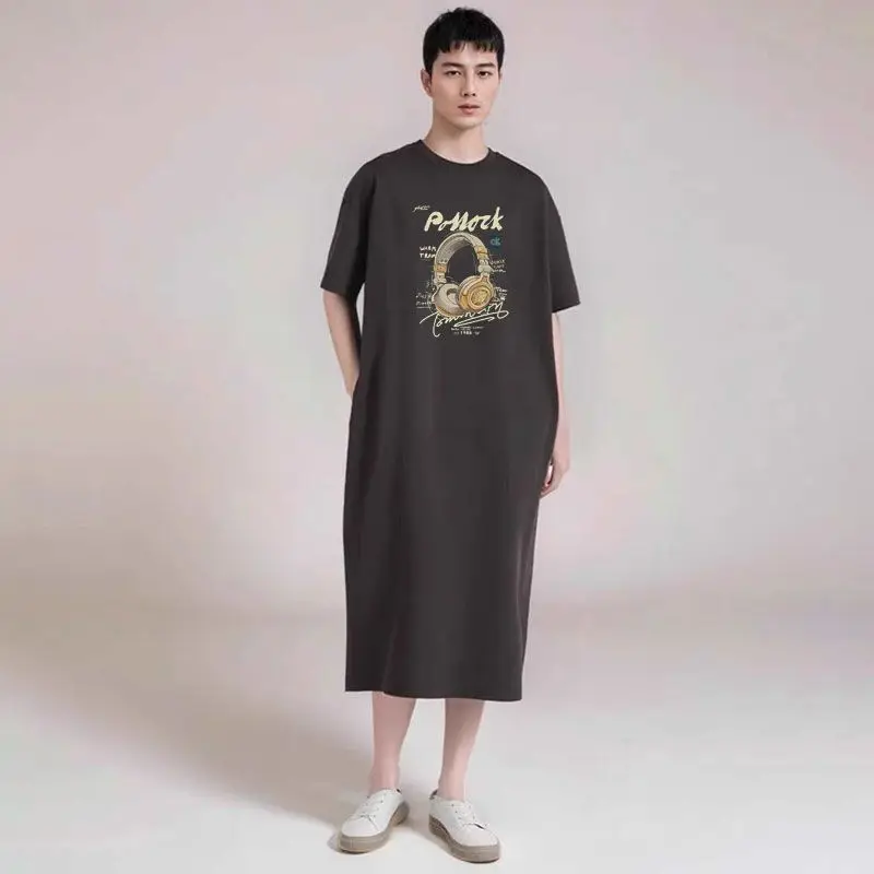 Men's nightgown, nightgown, bathrobe, thin pajamas, men's long over-knee simple loose short-sleeved robe, summer loungewear