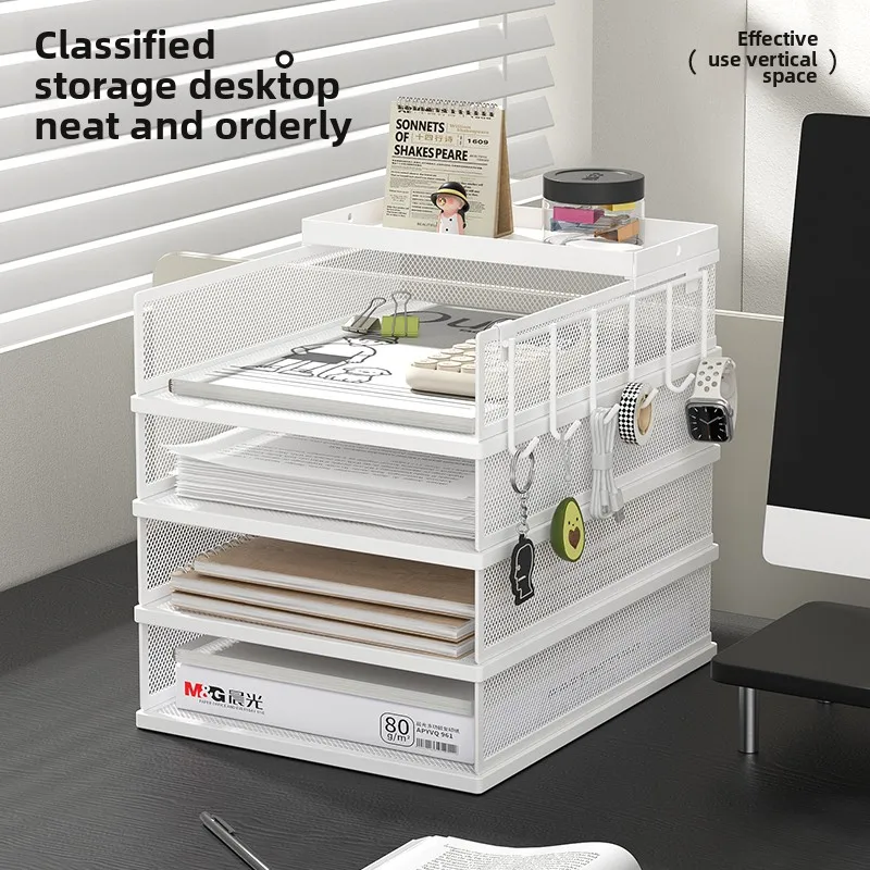 Stackable Desktop File Organizer Multi Tier Metal Mesh Paper Letter Tray with Side Hooks for Office Home School Documents Books