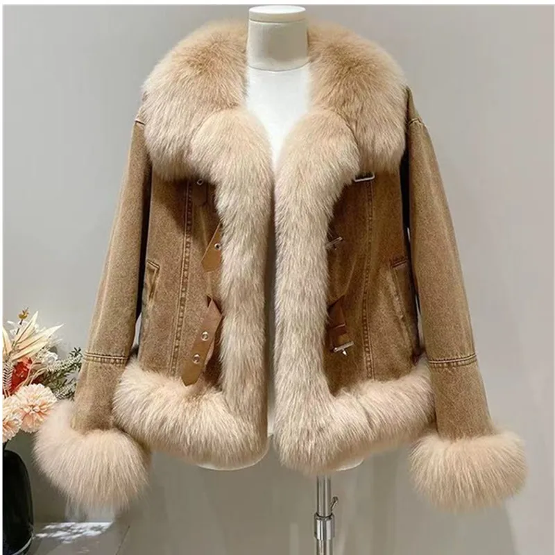 Women Denim Coats Y2k Casual Jackets Squre Collar Long Sleeves Faux Fur Distressed Loose Open Stitch Slight Strech 2026 Autumn