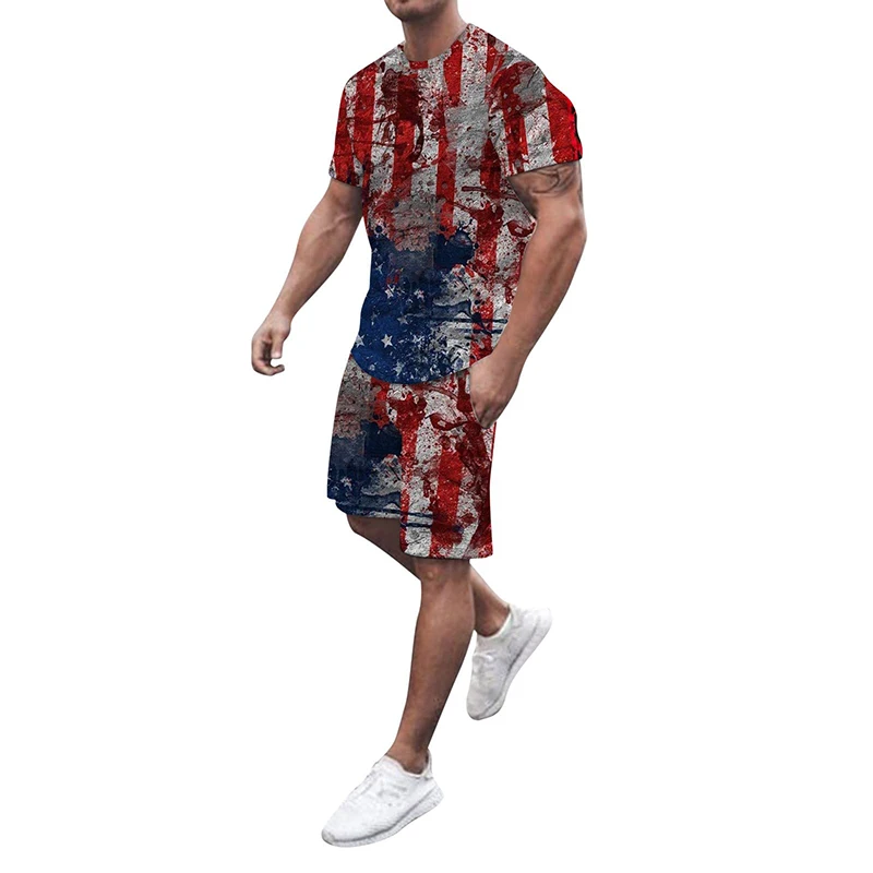 Men\'s T-shirt Sets USA American Flag 3D Print Tracksuit T Shirts Shorts 2 Pieces Streetwear Male\'s Oversized Suits Sportswear