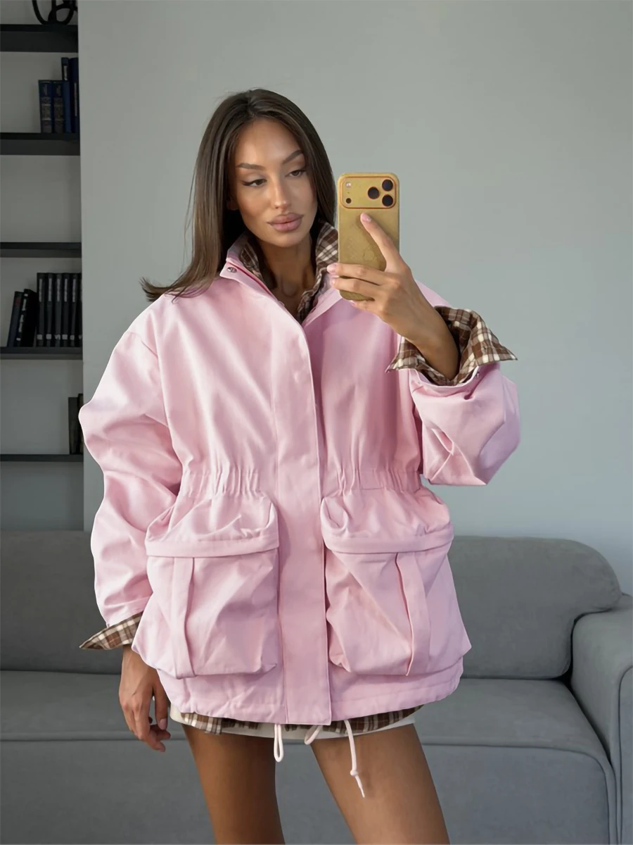 Bornladies 2026 Women's Autumn New Fashionable Versatile Solid Color Rubber Stretching Waist Stand Up Collar Fashion Jacket Coat