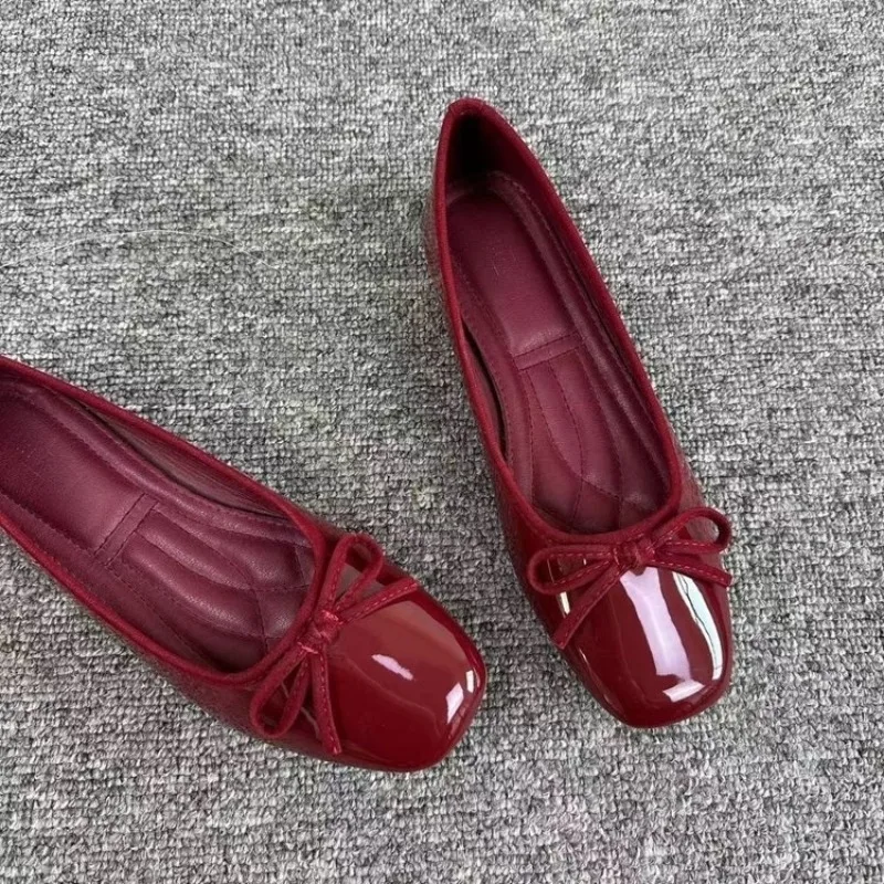 Women Square Toe Ballet Flats, Cute Bow Decor, Patent Leather, Soft Sole, Slip‑on, Daily Casual Flat Shoes，4 Colors Available
