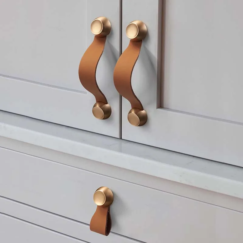 Uchwyt ze skóry bydlęcej Nowoczesny Prosty Nordycki Tatami Szafa Drzwi Szuflada Wkładany Uchwyt Skórzany Warstwowy Skórzane Gałki Antykolizyjne