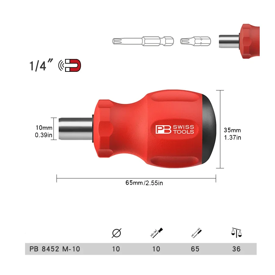 PB Swiss Electrician's Tools Interchangeable Bits Short Shank Magnetic Bit Socket Screwdriver 1/4” Screw Driver Handle 8452 M-10