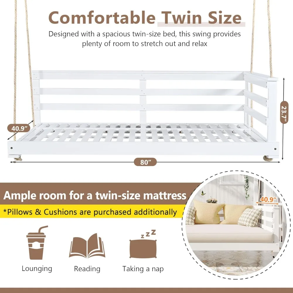 سرير أرجوحة للشرفة الخارجية مع حبال من القنب، سرير معلق من خشب السنط للفناء، سعة 350 رطل، تصميم بسيط مفتوح الجانب للفناء،