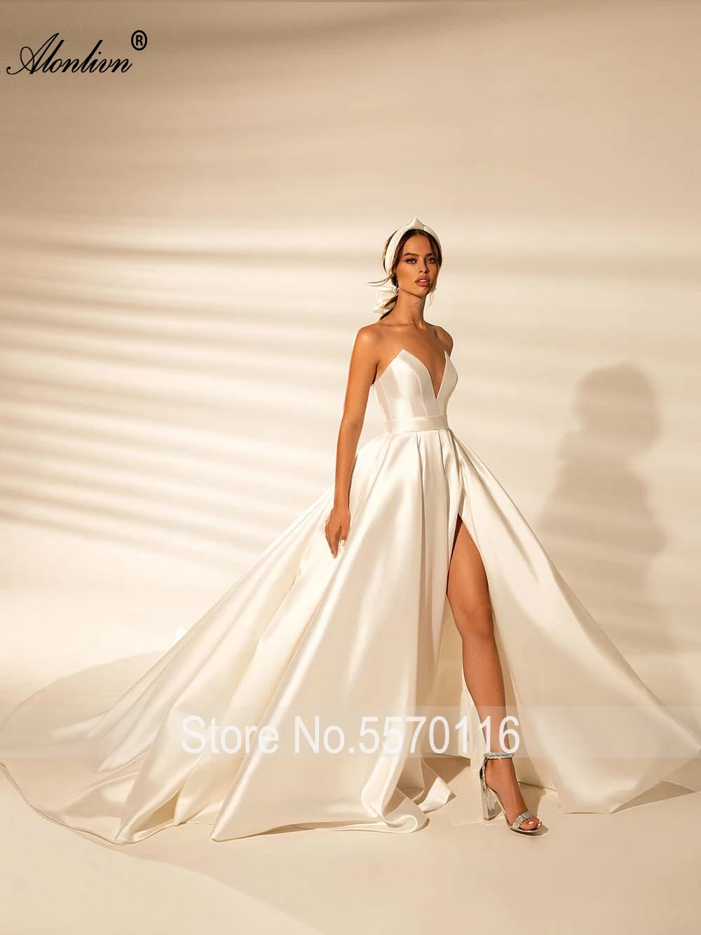 Alonlivn Sexy Split Ball Gown Wedding Dress Vestido De Noiva Off The Shoulder Pleats Bridal Skirts