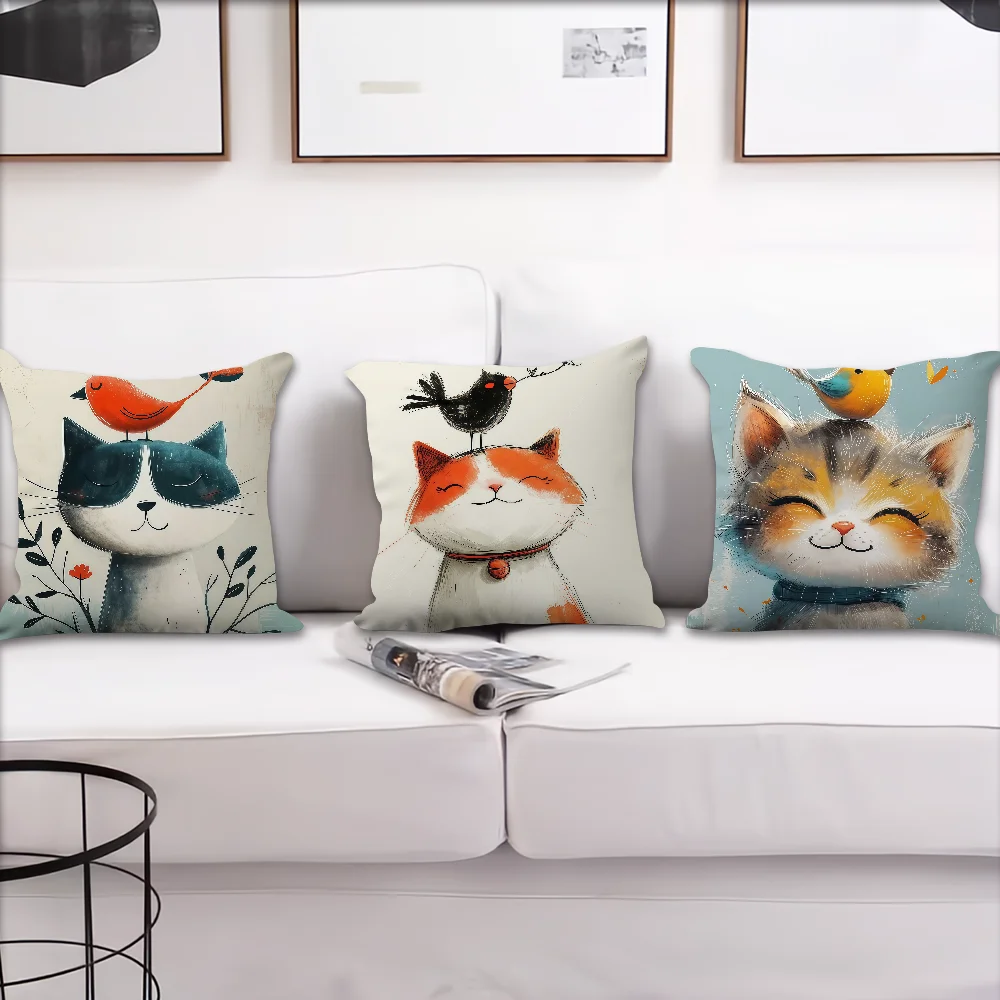 Cute Oil Painting Cat Animal Bird Cushion Cover For Pillow Printing Sofa Decoration Home Car Room Coffee Shop Nordic Simplicity