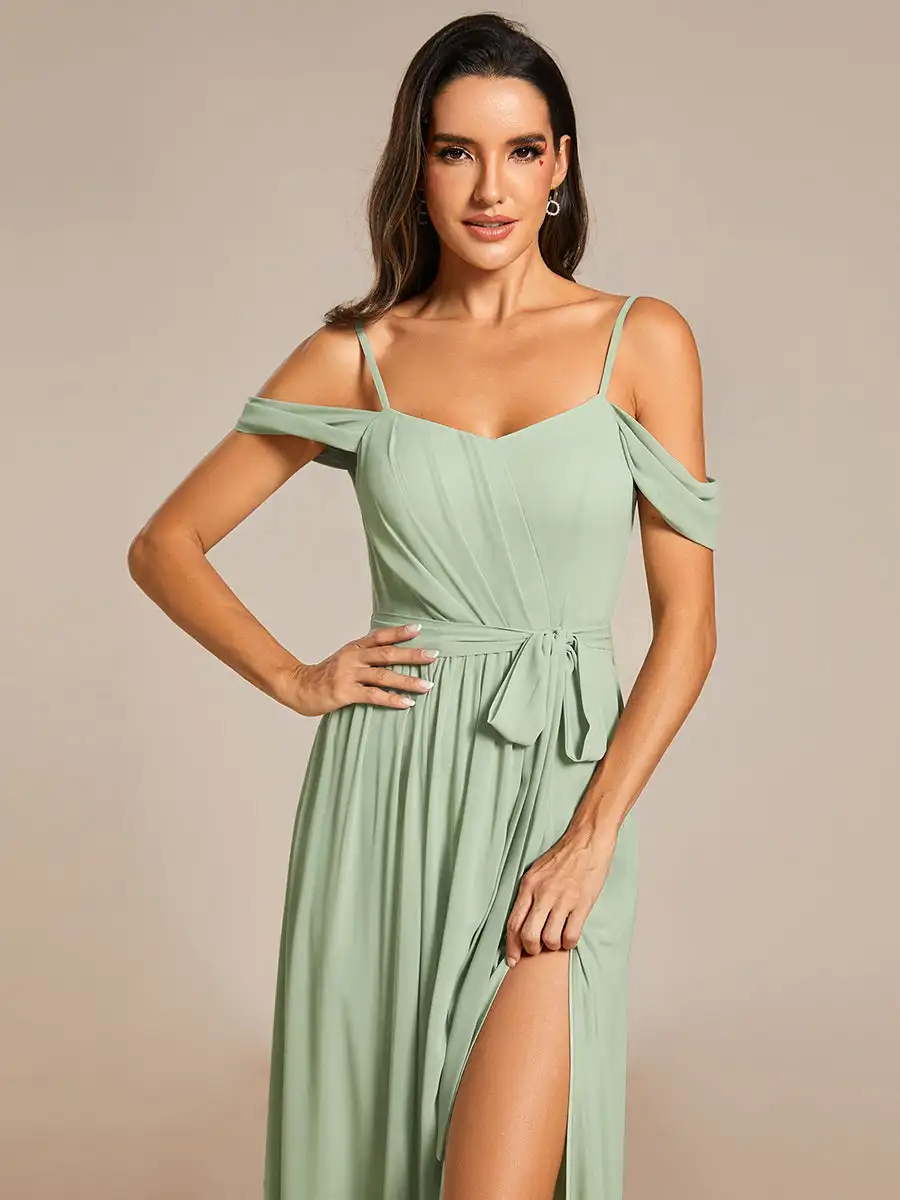 Elegant Evening Dresses Side Split Cold Shoulder Bowknot Hidden zipper 2024 Ever Pretty of Chiffon Mint Green Bridesmaid Dress