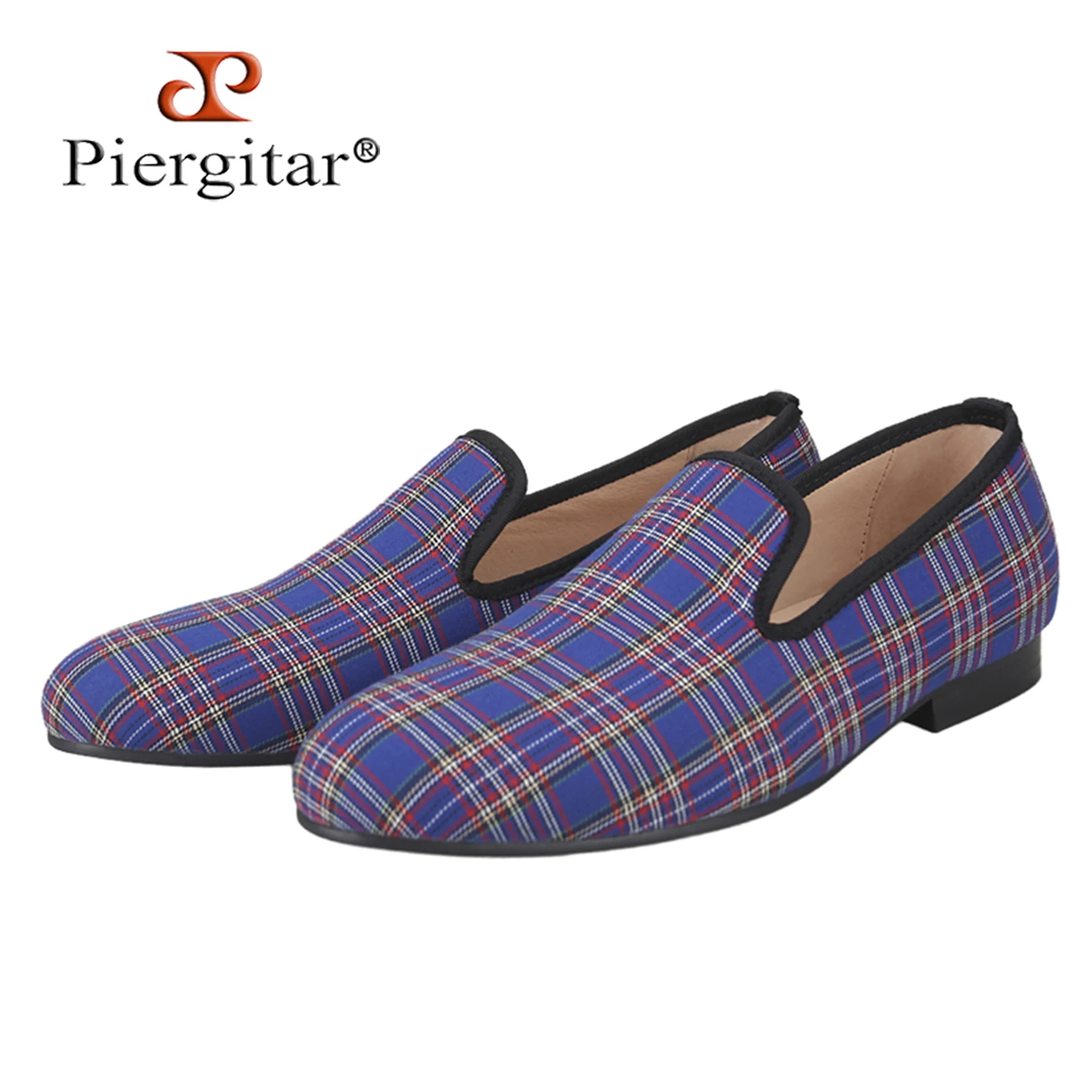 Piergitar Summer Style Scottish Plaid Classic Model Red And Blue Handmade Men's Loafers For Party/Banquet Wear Leather Insole