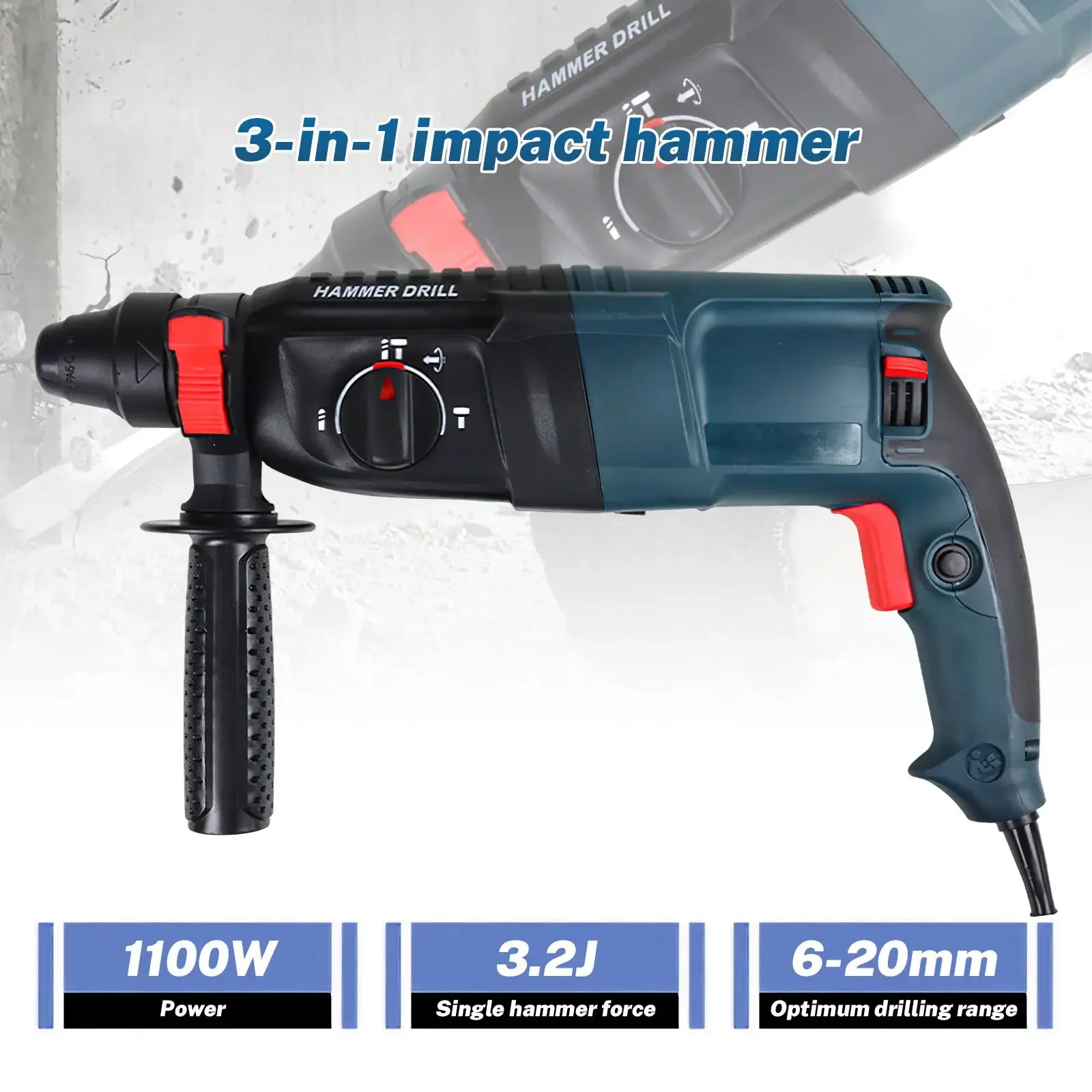 1100W MultiFunction Rotary Electric Hammer 3-in-1 Electric Pick Hammer Drill Household Concrete Hammer Drill Machine Set 220V