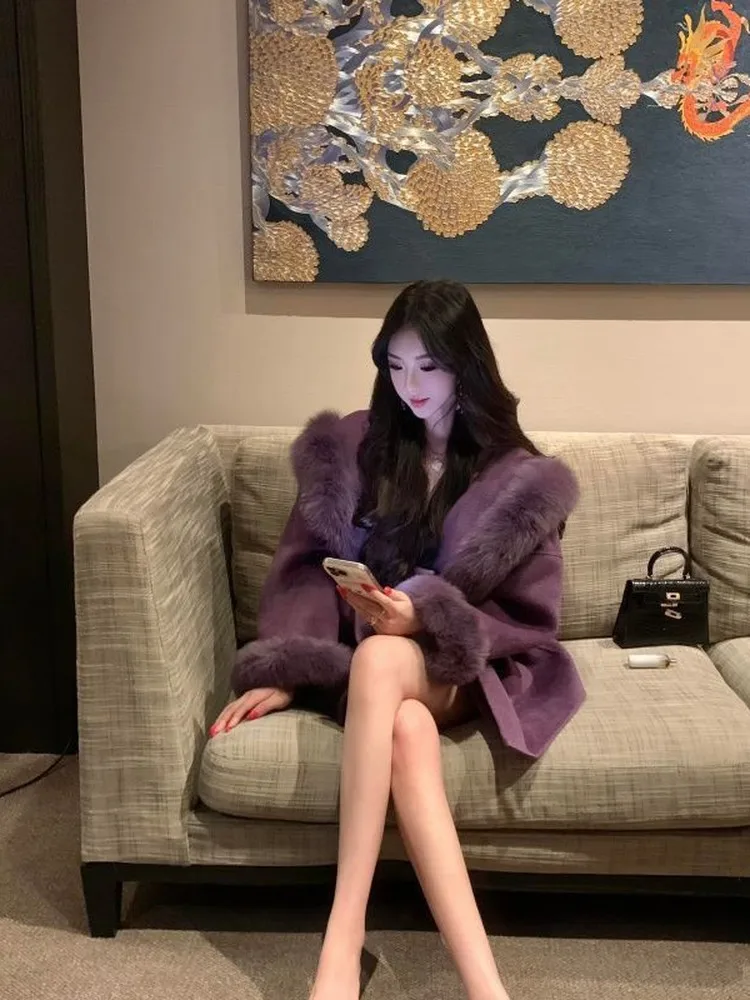 

Ele Double-Sided Woolen Coat Women's Purple Faionable Winter Coat with Fur Collar Luxury Sle Ladylike Ele Lady