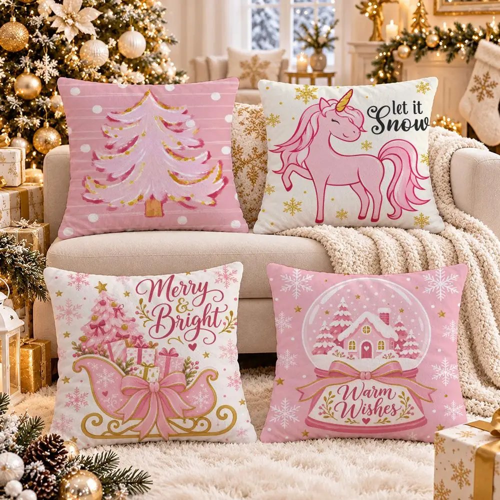 4PC Blush Pink Christmas Cushion Cover Soft Double-Sided Print Pillow Case Home Decor for Sofa Bed Bedroom Room Gift