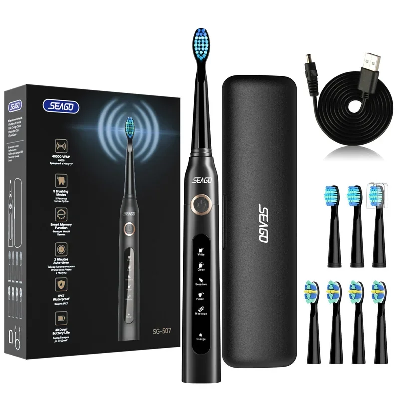 Seago SG507 Escova de dentes elétrica sônica para adultos com temporizador de 5 modos Escova de dentes recarregável USB com cabeças de reposição