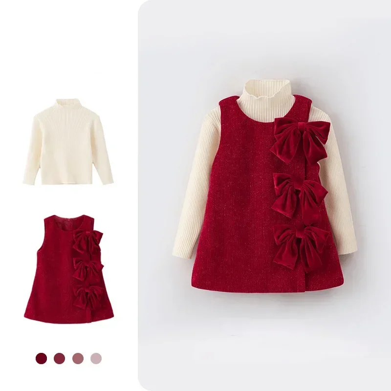 

Fashion Baby Girl Christmas Clothes Set Fleece Inside Sleeveless Dress+Top Infant Toddler Bow Vestido NewYear Baby Clothing 1-7Y