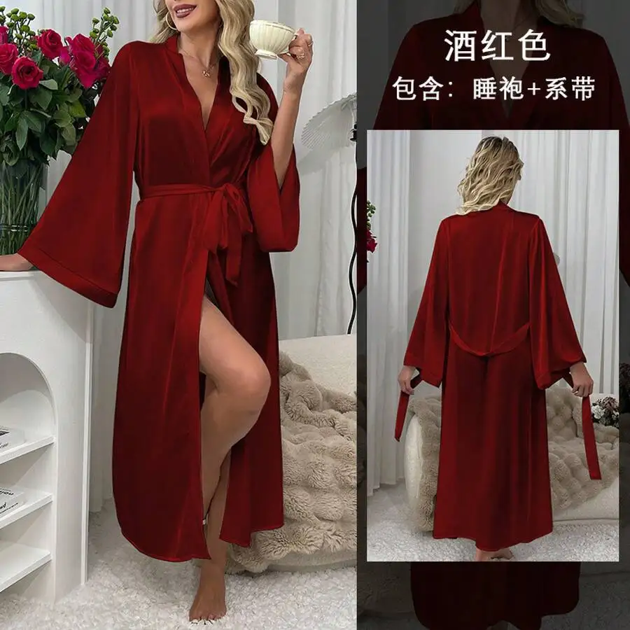 

Women Satin Kimono Robe Long Sleeve V-Neck Belted Maxi Loungewear Bridal Dressing Gown