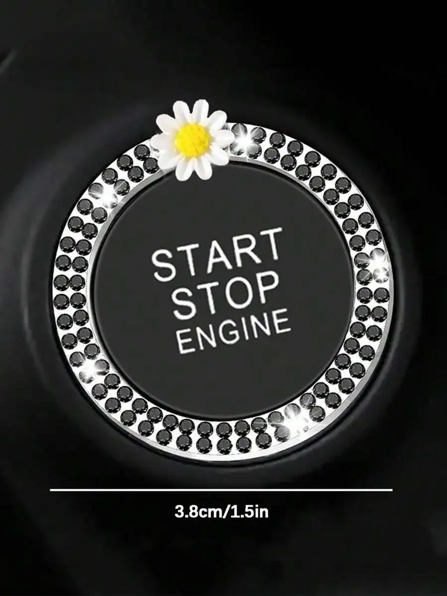 Car One-Key Start Engine Button Decorative Ring With Crystal Rhinestone And Daisy Flower