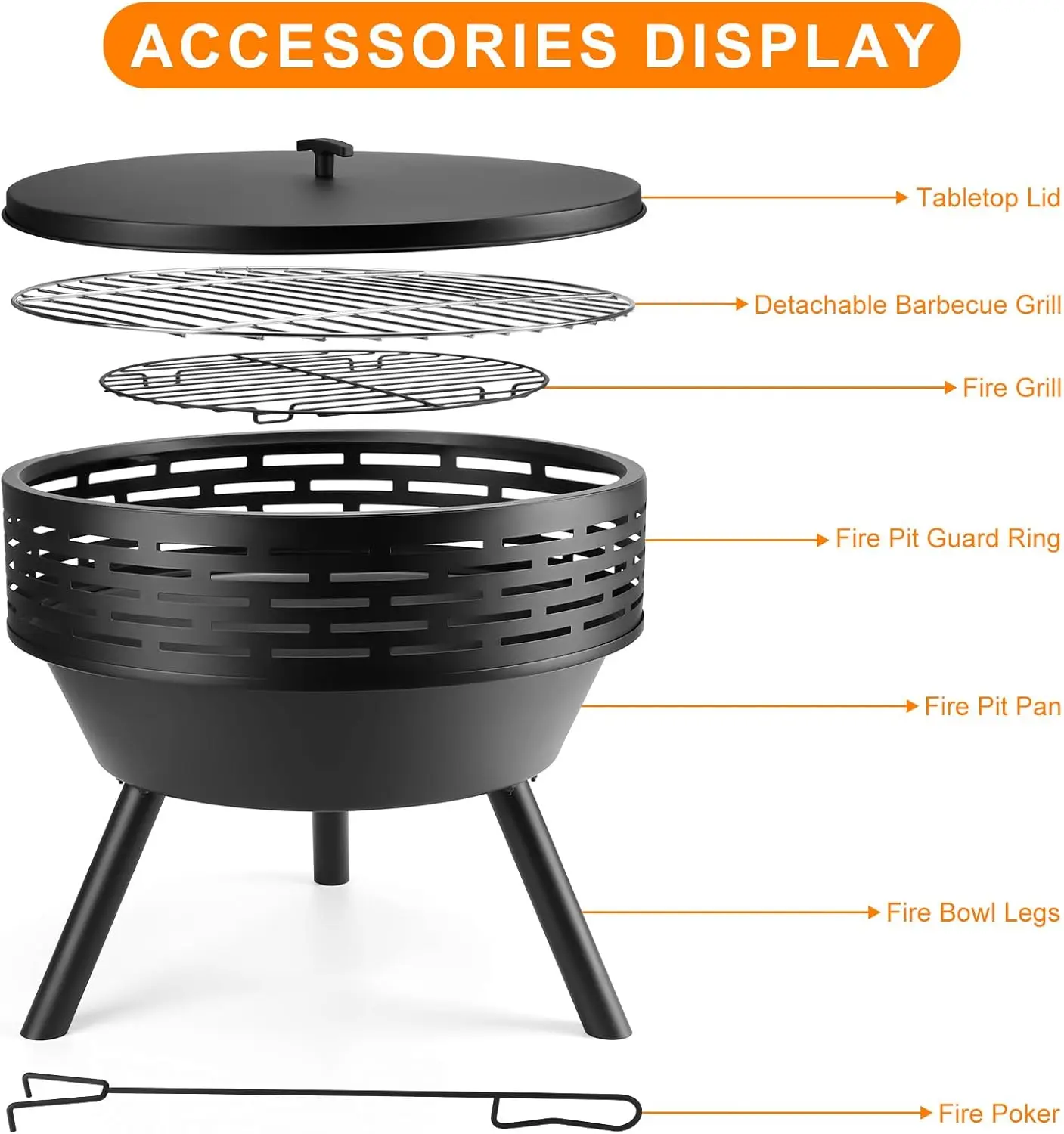 23-Inch Cast Iron Round Fire Pit with Grill for BBQ, Bonfire, Patio, and Picnic - 3-in-1 with Lid and Poker
