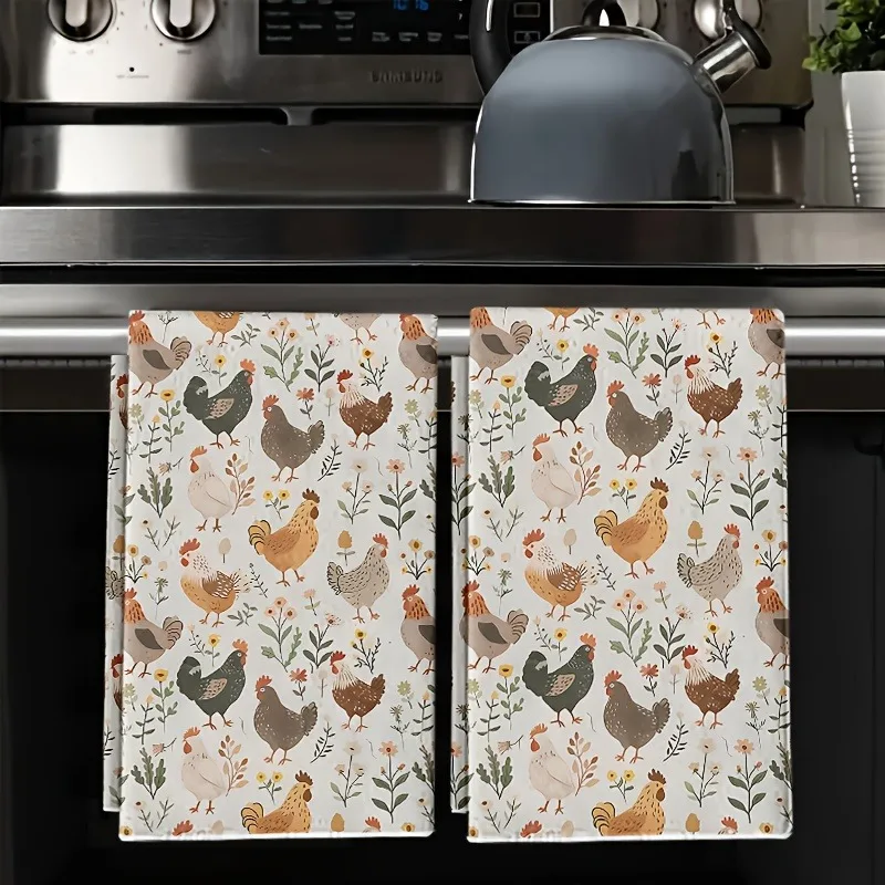 2Pcs, Farmhouse Chicken Flower Kitchen Towel Set - Rustic Country Style Soft Absorbent Rags, Tea Towels and Hand Towels