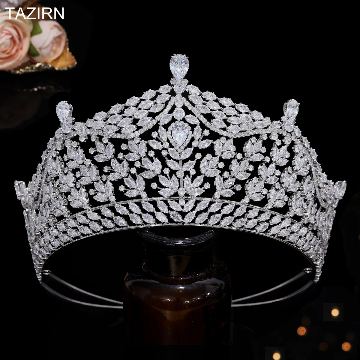 TAZIRN Luxury Arabic Dubai Bridal CZ Big Tiaras and Crowns Women Wedding Silver Plating Cubic Zirconia Hair Accessories Gifts