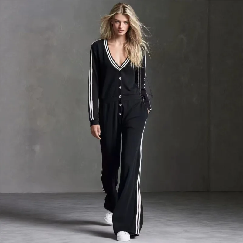 2026 Autumn Color Blocked Knitted Pants 2-Piece Set Casual V-Neck Striped Long Sleeve V-Neck Set Cardigan + Pants Matching Set