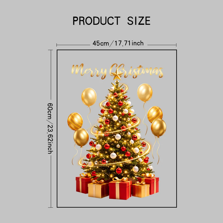1 Sheet of 45* 60cm Christmas Tree Static Cling Window Stickers, Golden Balloon Gift Box Christmas Glass Decorations, Suitable for Shop and Home Holiday Decorations
