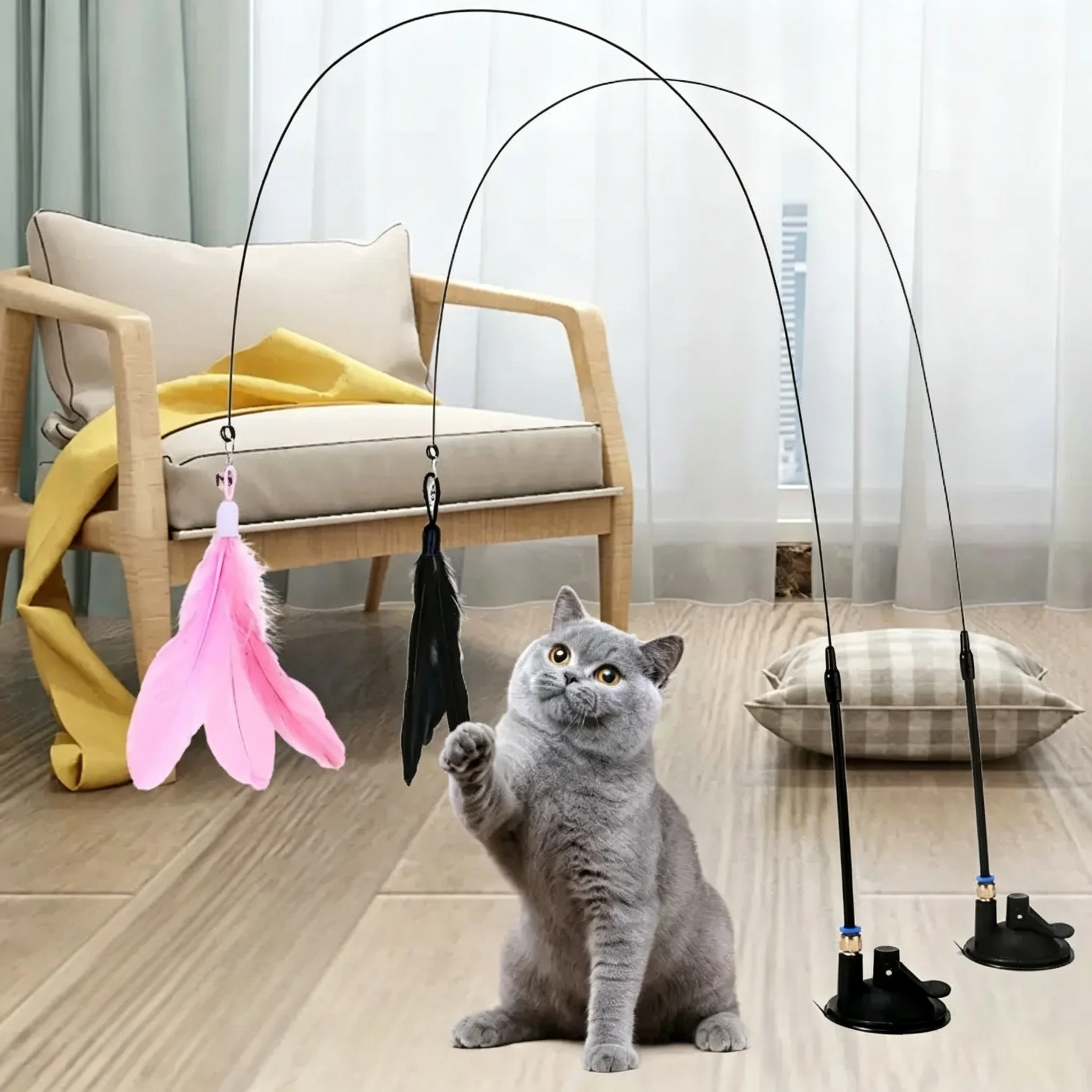 Bâtonnet à chatouiller pour l'auto-entretenissement des chats, jouet durable pour chat, teaser pour chat à plumes artificielles avec base à ventouse puissante