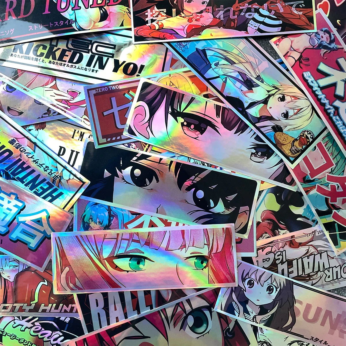 

32PCS/Pack 12cm Long JDM Anime Girl Stickers Laser Rainbow Car Window Windshield Motorcycle Body Moto Helmet Accessories Decals