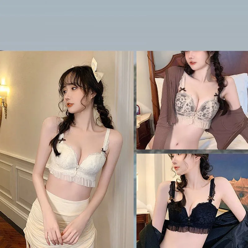 Beige Super Push Up Front Closure Bra for Small Breasts Korean Style High Quality Women\'s Bras Wireless Lace Bralettes Mujer