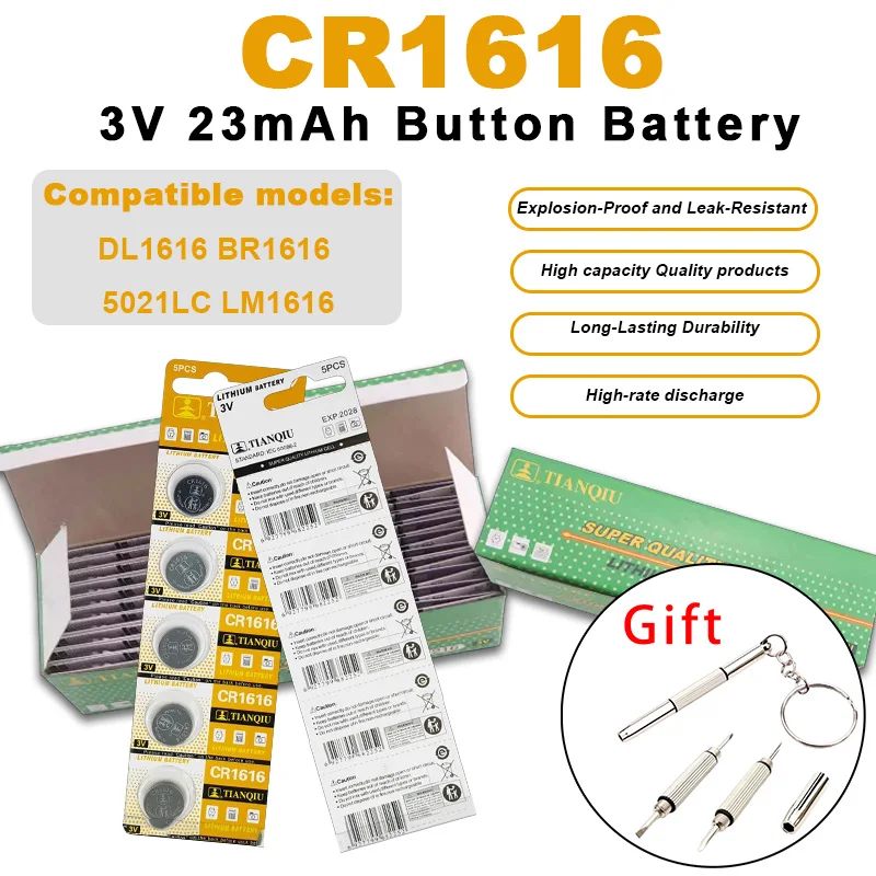 CR1616 3V 50mAh Lithium Coin Cell Battery DL1616 BR1616 5021LC LM1616 for Watch Car Remote Control Electronic Device