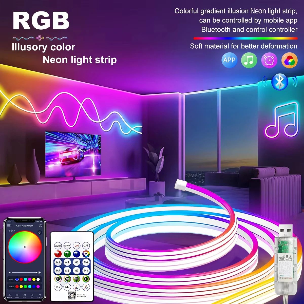 Pop RGBIC Neon LED Strip Light DC5V USB Powered Bluetooth Music Sync Rope Tape Waterproof Flexible Strip For Party Gaming Decora