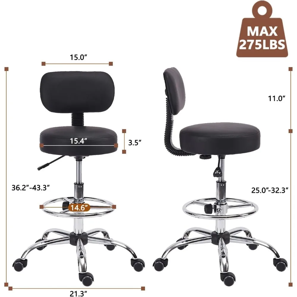 Drafting Chair with Backrest, Adjustable Foot Rest Height Rolling Stool with Wheels, Leather Swivel Work Shop Office Stools Chai