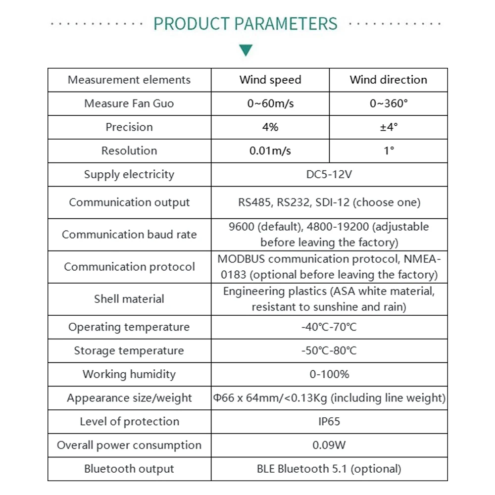 مستشعر اتجاه سرعة الرياح بالموجات فوق الصوتية الصغيرة 0-60 متر/الثانية محطة الطقس 360 درجة أداة الأرصاد الجوية تيار مستمر 5-12 فولت الارسال