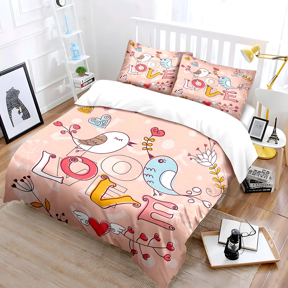 Cute birds love illustration Pattern Duvet Cover Set Digital Print Colorful Polyester Bedding with Zipper Closur for kids gift