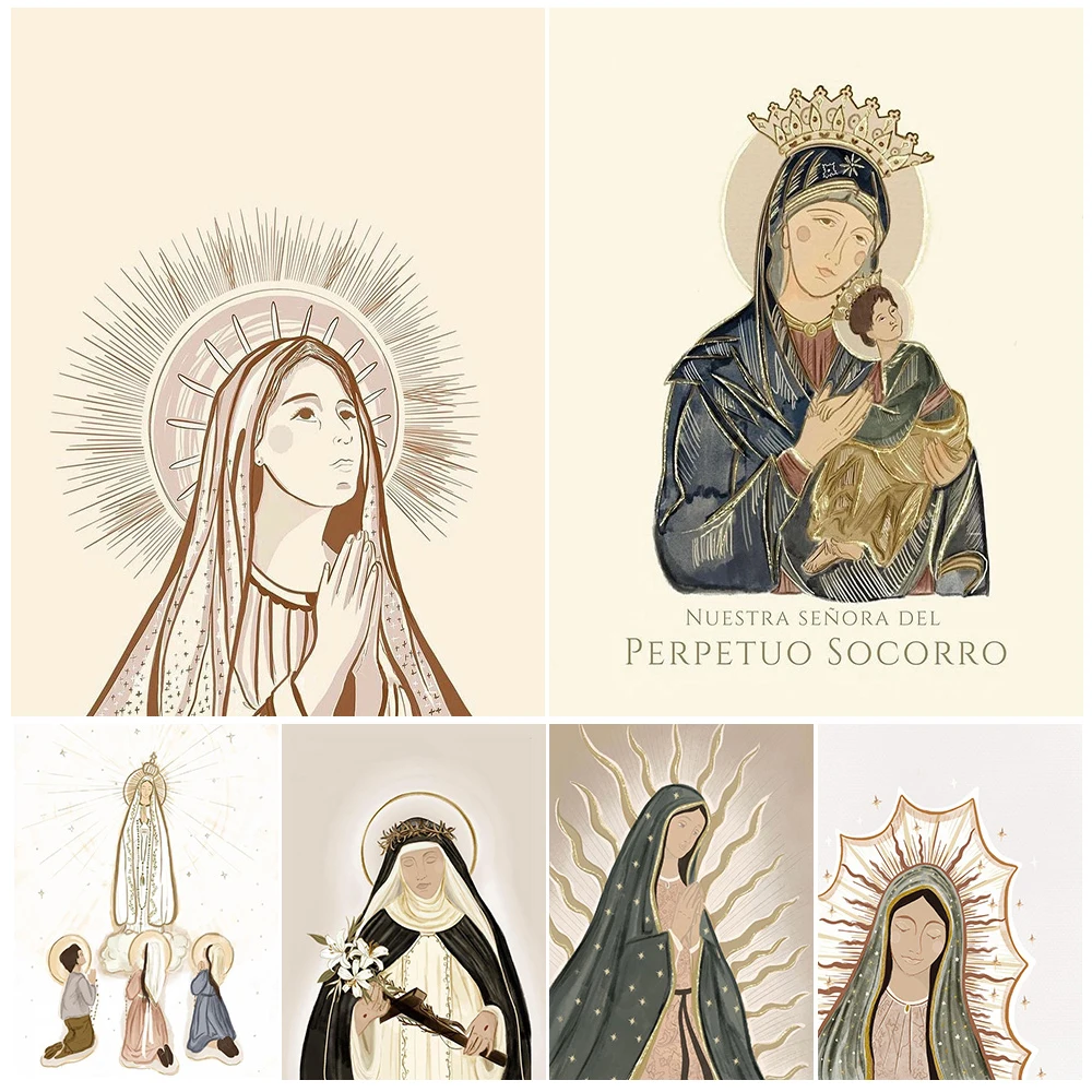 

Cartoon Virgin Mary Christianity Religion Posters Wall Pictures For Living Room Nordic Poster Wall Art Canvas Painting Unframed