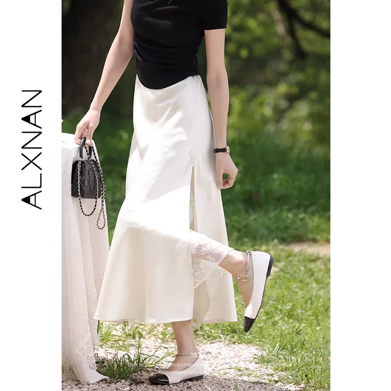 ALXNAN Women's Midi Skirt Satin High Slit Lace Patchwork Long Skirt 2026 Elegant Office High Waist A-line Skirts Female L55395