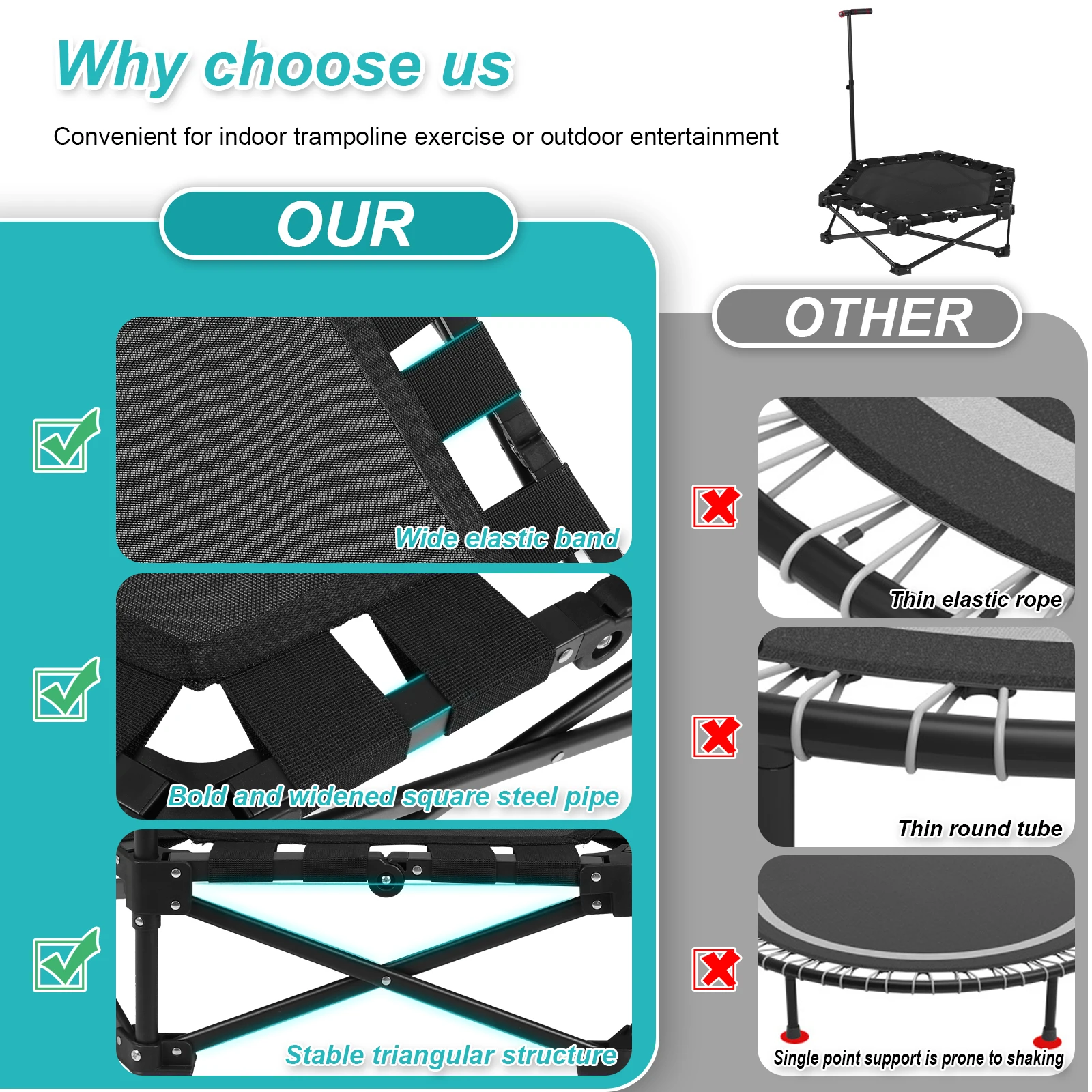 

Adjustable T-Bar Trampoline One-Step Fold & Open Training Jumping Trampoline 225kg Max Load Indoor & Outdoor Workout