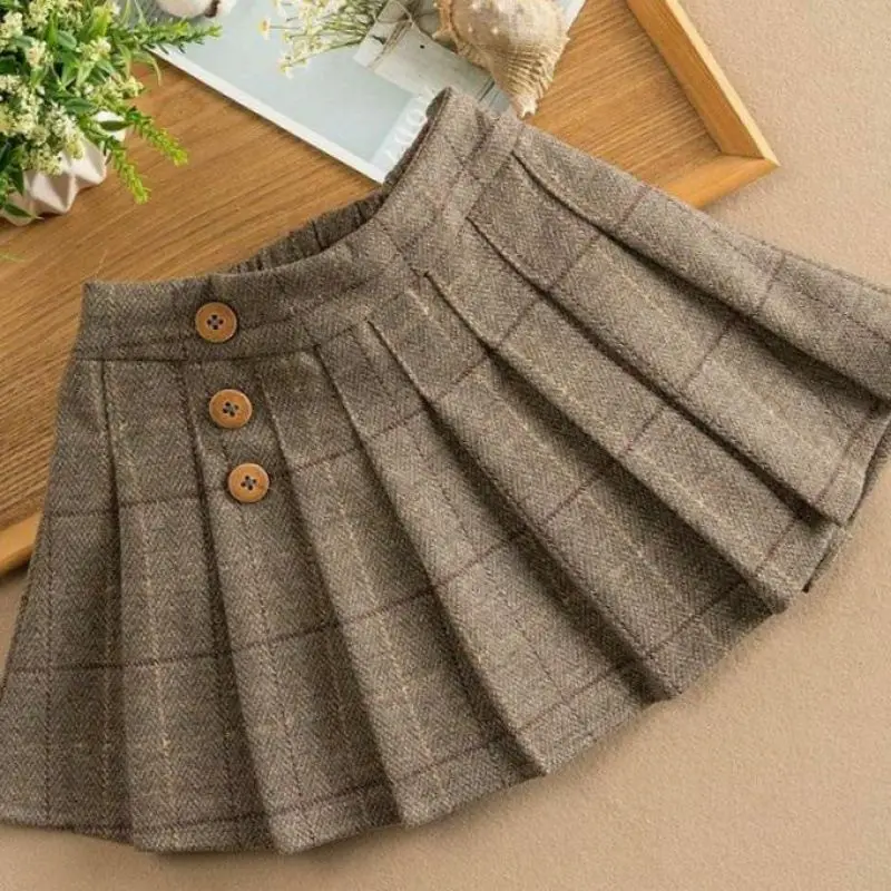 Girls Winter Dress Kids Fashion Plaid Pleated High Waist A-Line Skirt Children Casual Elastic Waist Mini Skirt Bottoms